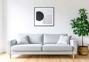 【無料素材】北欧風インテリアのグレーのソファ空間