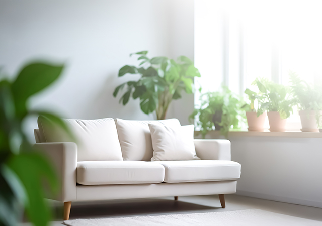【無料素材】観葉植物に囲まれたソファのあるリビング