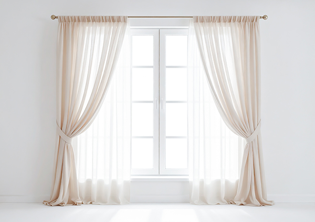 【無料素材】透け感のあるカーテンがある窓（ドレープ）
